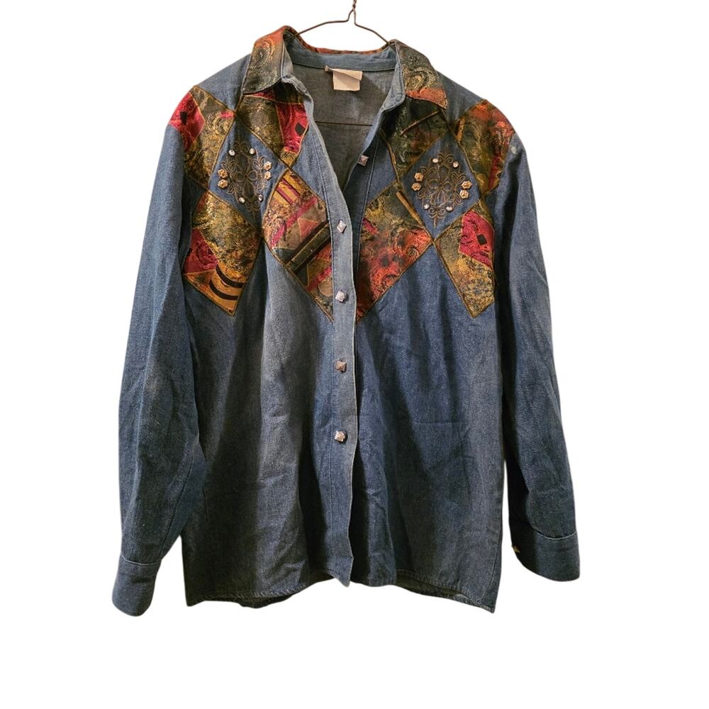 Vtg 90s Fall Inspired Denim Button Down Shirt Womens L Patchwork Embroidered